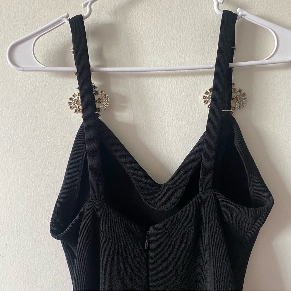 Vintage 90s Lillie Rubin Black Crystal Detailed Strap Feather Slit Evening Gown - Picture 11 of 17
